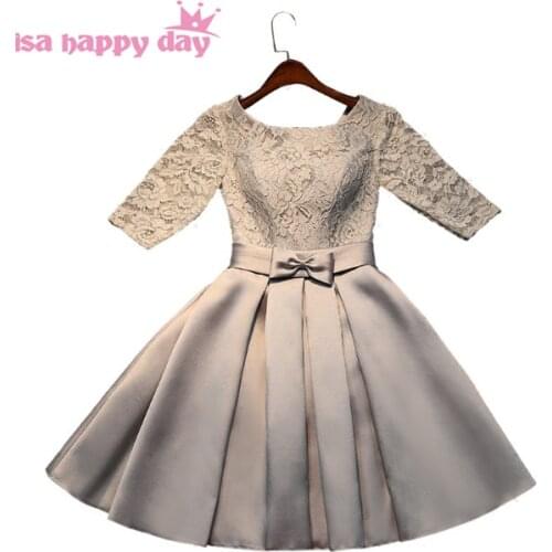 Modest red balck lace satin knee length bridesmaid dress beautiful bridemaids dresses with half sleeves ball gown W3590