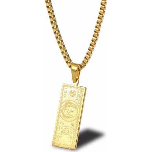 RIR Stainless Steel Golden Rectangle Dollar Pendant Necklace Delicate Washington Tag 100 Dollar Mens Jewellery Necklaces