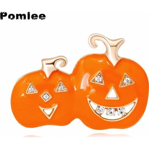 Pomlee Halloween Two Pumpkin Smiling Face Brooch For Women Crystal Enamel Pin Plant Brooch Costume Jewelry Party Gift Wholesale