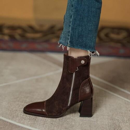 2021 Winter Genuine Leather Women Boots Fashin ZIP Ankle Boots Square Toe Thick Heel Cross-tied Women Shoes Pumps Retro HEELS