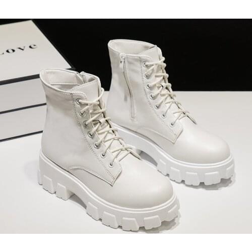 2021 Women Motorcycle Boots Wedges Flat Shoes Woman High Heel Platform PU Leather Boots Lace Up Women Shoes Black Boots Girls