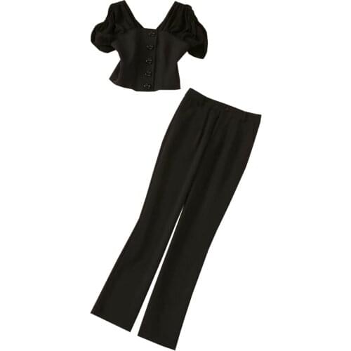 Crop Sets 2021 Autumn Fashion Pant Sets High Quality Women Button Front Short Sleeve Crop Tops+Full Length Pant Sets 2 Piece