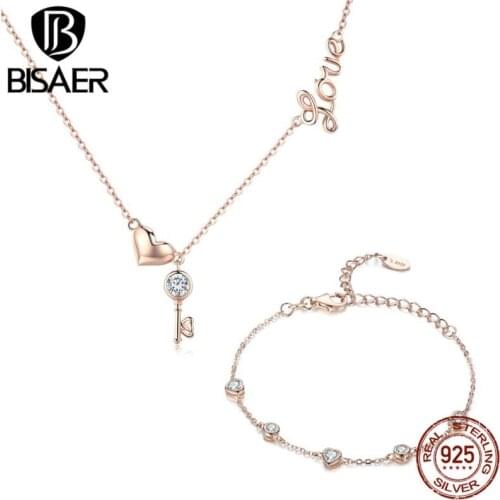 BISAER 925 Sterling Silver Jewelry Set Gold Color Love Key of Heart Rings Women Bride Bridal Jewelry Sets Silver Jewelry Set