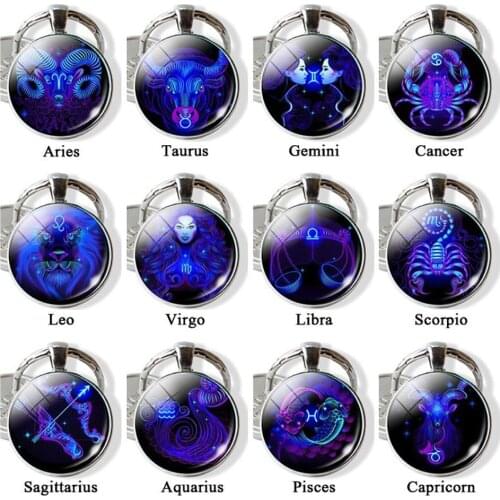 12 Constellation Time Gem Metal Keychain Zodiac Sign Round Glass Pendant Key Ring Holder Keychain Gift For Best Friends