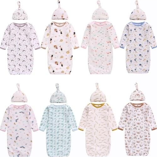 2Pieces Newborn Blanket Swaddling Wrap Baby Girls Boys Sleeping Bags Soft Cotton Long Sleeve Gowns Wrap+Hat Toddler Baby Sets