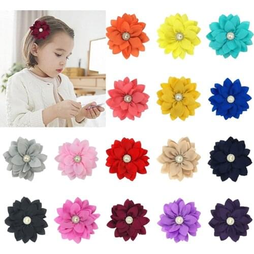 20Pcs/20Pairs 3.5inch Rhinestone Pearl Poppy Chiffon Flower With Hair Clips Handmade Baby Girls Hairpins For Kids Headwear