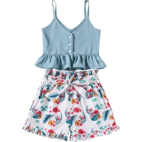 2021 1-6Y Summer Kids Baby Girl Clothing V Neck Button Solid Crop Top Vest+Floral Print Bow Shorts Summer 2pcs Set