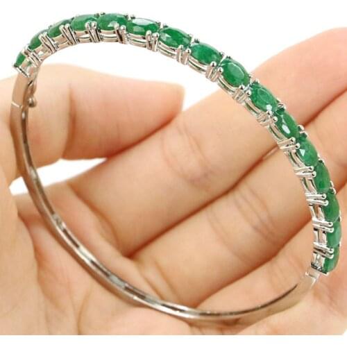 6x4mm SheCrown Real Green Emerald Created London Blue Topaz Violet Tanzanite Silver Bracelet Bangle 7.5inch