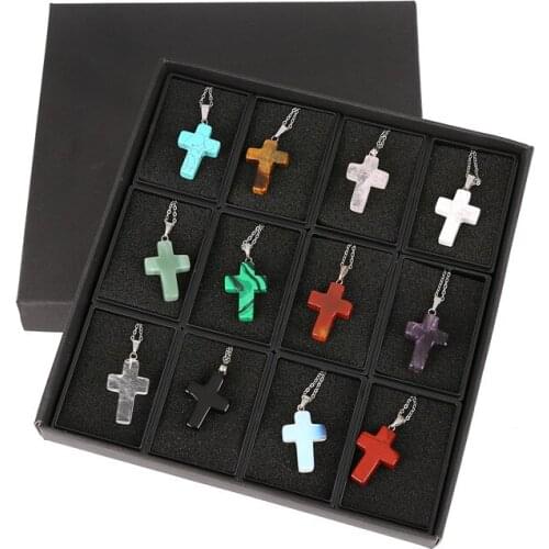 ASHMITAASHMITA 12pc New Trendy Chain Cord Pink Purple Tiger Eye Quartz Stone Cross Pendant Necklace Fine Jewelry For Wome