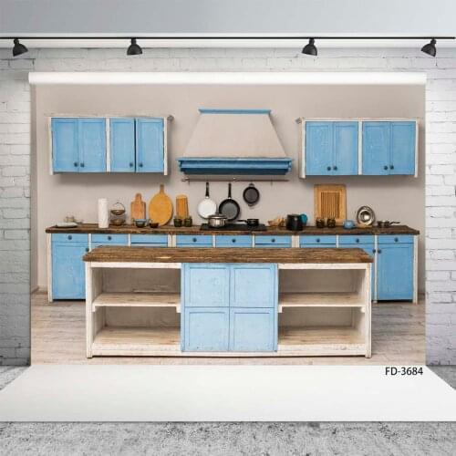 White Kitchen Photographic Backdrops Blue Cupboards Vinyl Photography Backgrounds for Children Baby Home Pets Dolls Photo Studio