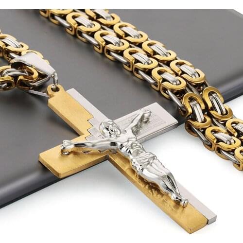 Bible Crucifix Jesus Cross Pendant Necklace Male Gold Color Stainless Steel Byzantine Chain Necklace Jewelry colar collier