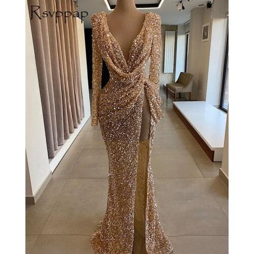 Long Sparkly Evening Dresses 2021 Long Sleeve Sexy High Slit V-neck Mermaid Rose Gold Sequin Dubai Women Formal Gowns