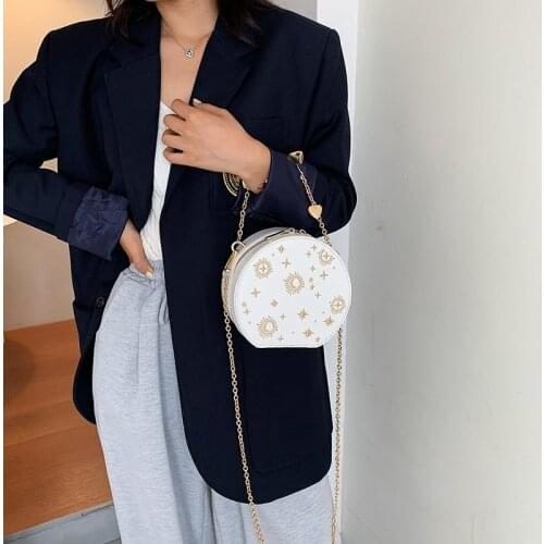 Women Round Bags Crossbody Bag Chain Circular Shoulder Bag Small Embroidery Handbag
