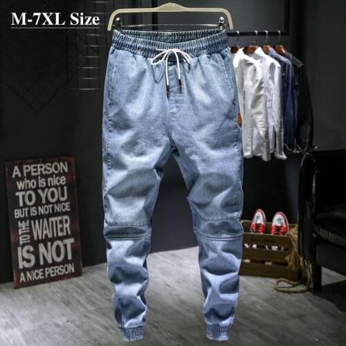 Plus Size 5XL 6XL 7XL Mens Light Blue Elastic Waist Jeans 2020 Autumn New Fashionable Cotton Stretch Denim Pants