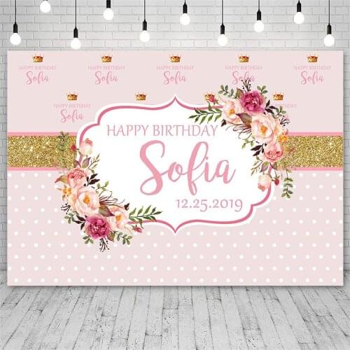 Avezano Background Happy Birthday Party Golden Glitter Flowers Decor Custom Made Banner Pink Backdrops Photo Studio Photophone