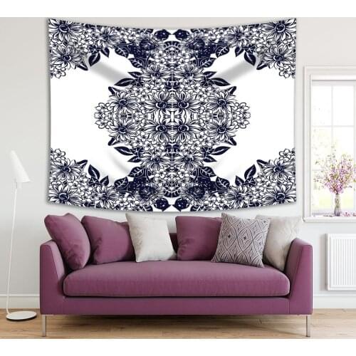 Tapestry Flowers Leaves Pattern Classic Floral Design Decorating Ethnic Artwork Printed Blue White
