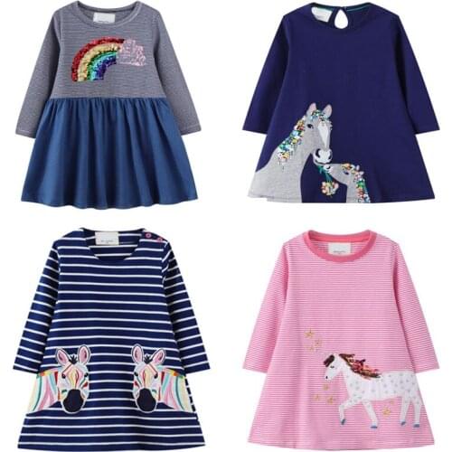 Unicorn Girls Cotton Sleeved Dress Childrens Casual Dresses Baby Sequin Striped Pachwork Dress 2021 Kids Embroidery Clothes