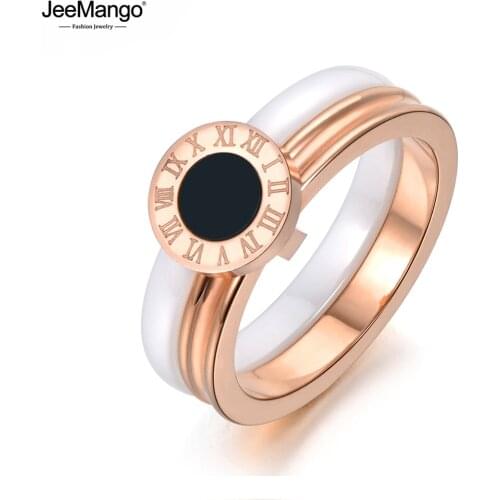 JeeMango Fashion 2 Layers Ring White Ceramic Wedding Rings Roma Numbers Jewelry Stainless Steel Engagement Jewelry JR18042