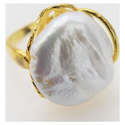 Freshwater pearl ring white reborn keshi falt baroque ring 20-25mm nature