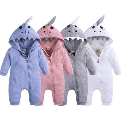 0-12M Newborn Baby Boys Girls Shark Long Sleeve Romper Hooded Playsuit Spring Autumn Baby Kids Outfits Costume