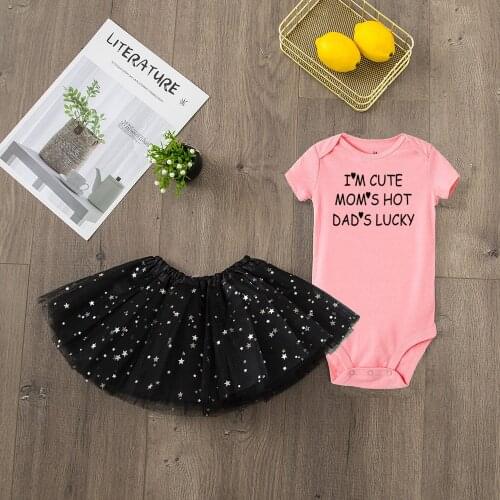 I'm Cute Moms Hot Daddys Lucky Infant Baby GirlsShort Sleeve Romper Tutu Skirt Sets Funny Fashion Girl Clothing Suit