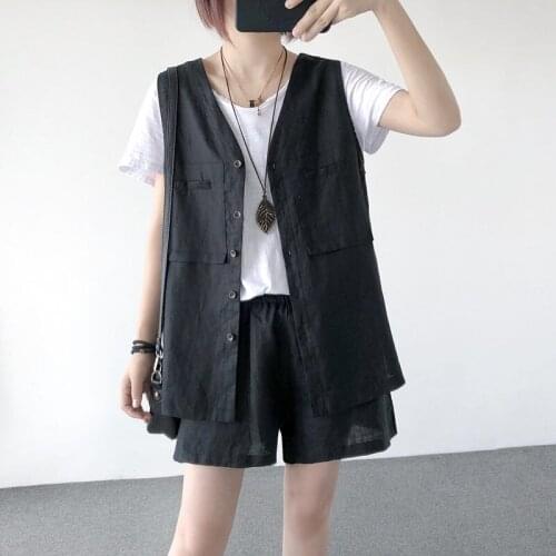 Cotton And Linen Leisure Suit Womens Summer 2021 New Loose Linen Vest Jacket + Wide Leg Shorts Retro Korean 2 Piece Set zh1212