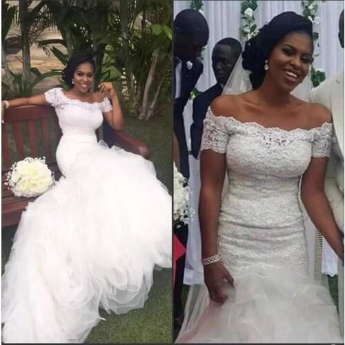 Organza Ruffled Off The Shoulder Lace Mermaid South Africa Nigerian Wedding Dress For Black Woman