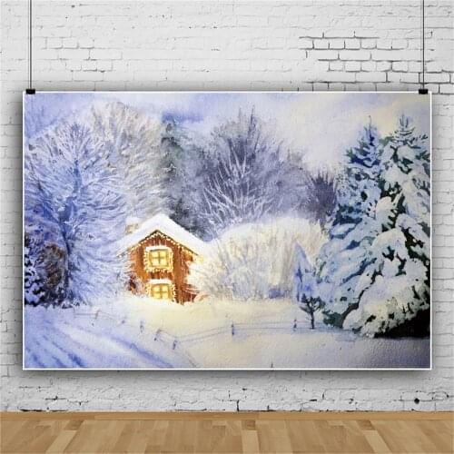 Laeacco Winter Snow Pine Forest Vinyl Background Wooden House Family Baby Portrait Photography Backdrop Natural Scenic Banner