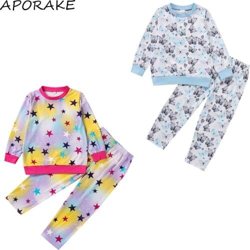 2021 4-9Y Casual Kids Baby Girl Boy Pajama Set Butterfly/Stars Print Long Sleeve Sweatshirt+Pants Spring Fall Children Sleepwear