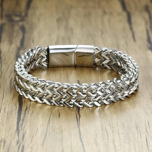 Men Bali Tulang Naga Silver Colorly Double Rows Foxtail Franco Wheat Chain Bracelet in Stainless Steel 12mm Wide Heavy Wristband