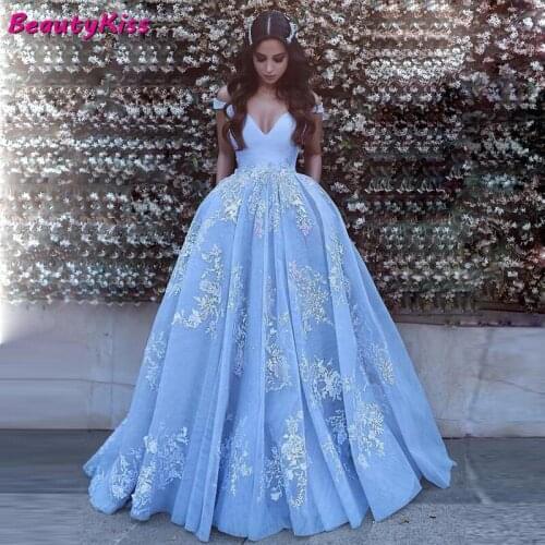 Luxury Light Blue Organza Wedding Dresses 2020 Womens Lace Appliques V-neck Off The Shoulder Wedding Gowns Plus Size