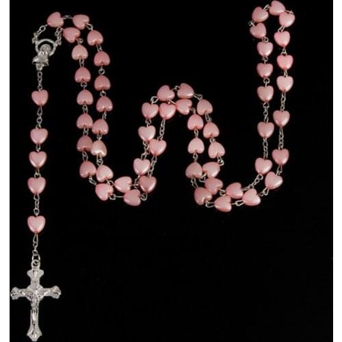 Qigo Pink Peach Heart Rosary Necklace The Rosaries For Women Virgin Cross Pendant Catholic Religious Jewelry