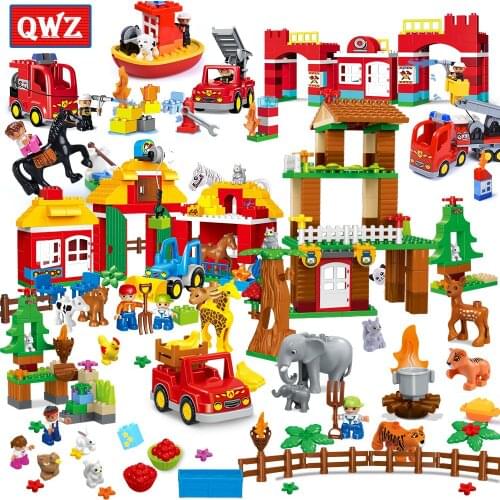 Happy Farm Big Size Building Blocks Sets Happy Zoo With Animals Kids City Brand Bricks Firemen Toys For Children Gifts