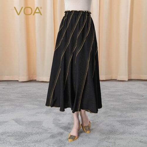 VOA Silk Dark Grain Black Jacquard Elastic Waist and Ear Edge Open Line Decoration Three-dimensional Large Swing Skirt CE26