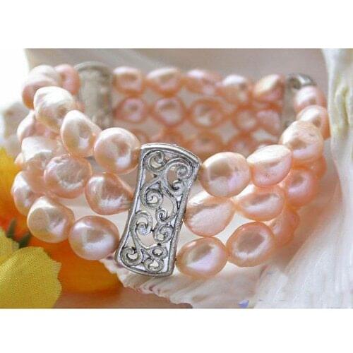Unique Pearls jewellery Store Stretch 3row 12mm Pink Baroque Freshwater Pearl Bracelet Fine Jewelry Women Gift