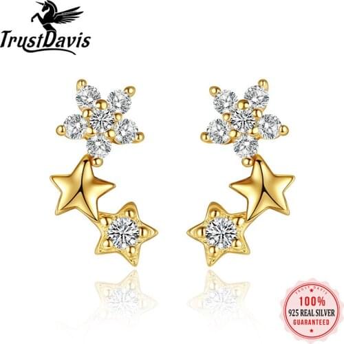 TrustDavis Real 925 Sterling Silver Star Zircon Stud Earrings Women Exquisite Sweet Student 14K Gold Plated Jewelry Gift L096