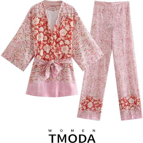 TMODA1661 Za 2021 Summer Women Floral Print Kimono Blouse With Belt Top + Lady Wide Leg Pants Female Beach Holiday Two Piece Set