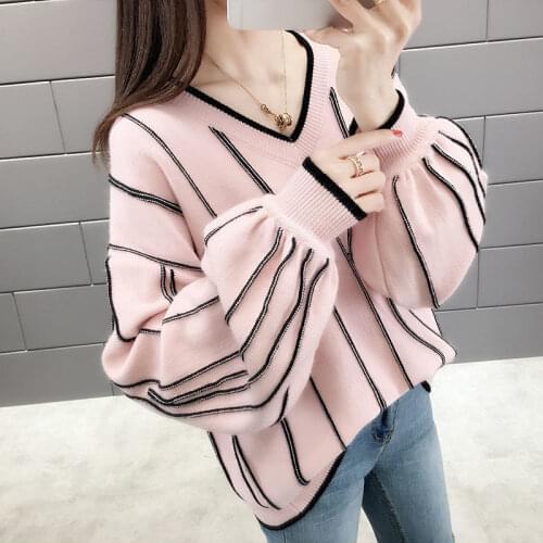 Spring Winter Woman V-neck Stripe Pullover Female Knitted Sweater Slim Long Sleeve Loose Sweater Lady Striped Knitted Tops H261