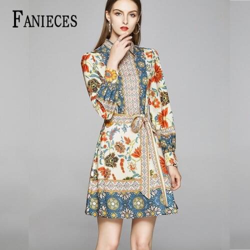 New Elegant Summer Plaid Floral Printed Runway Dresses 2020 Women High-Quality A-line Mini short Party dress vestido de mujer