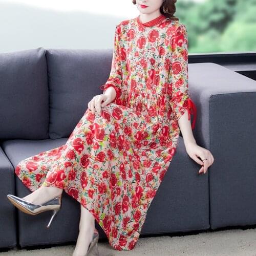 2021 Boho Red Floral Mulberry Silk Beach Midi Dresses Summer Vintage 4XL Plus Size Maxi Sundress Women Elegant Bodycon Vestidos