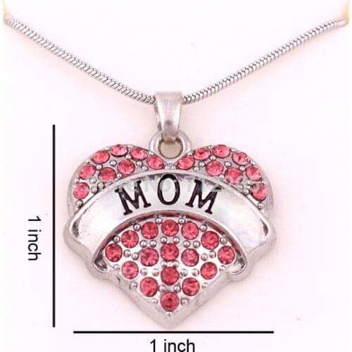 1 inch*1 inch rhodium plated big hearts MOM with Pink crystals heart pendant necklace(A500116)