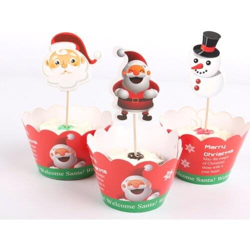 24pcs Santa Claus Snowman Cupcake Cake Wrappers Toppers Baby Shower Kids Children Birthday Christmas Party Decorative Supplies