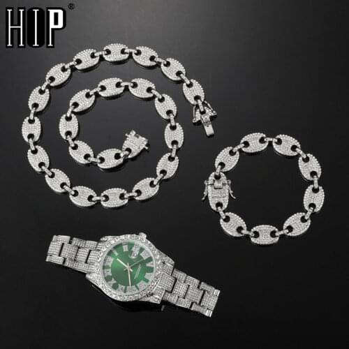 Hip Hop 13MM 3PCS KIT Watch+Necklace+Bracelet Coffee Bean Bling Crystal AAA+ Iced Out Chains For Women Men Jewelry