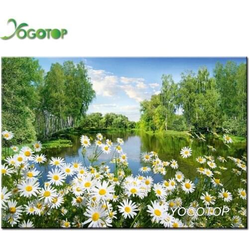 5d Diamond Embroidery Green forest lake Daisies natural scenery Diy Diamond Painting Home Decor Mosaic Little Daisy YY2694