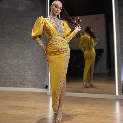 Beads Yellow Satin Evening Dresses Dubai Arabic Abiye Formal Prom Party Gowns With Split 2021 Celebrity Dresses