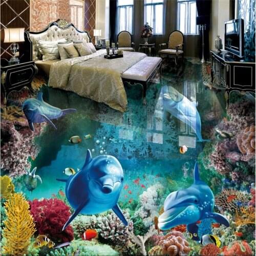 Beibehang Custom Photo Floor Wallpaper 3D Stereoscopic Dolphin Ocean Bathroom Floor Mural PVC Wallpaper Self-adhesive Floor