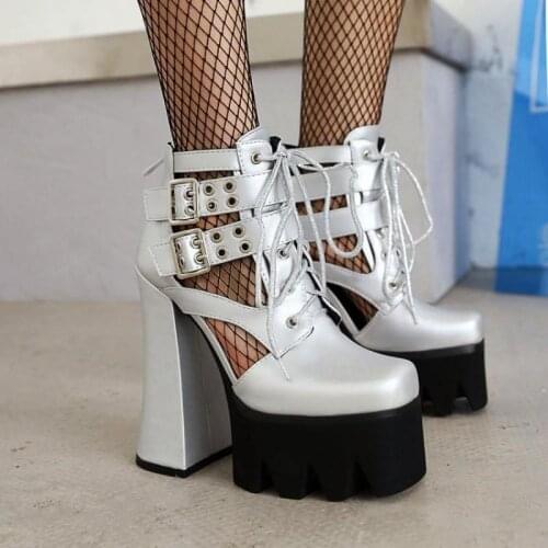 Thick-heeled Thick-soled Hollow Platform Sandals Black Super High Heels Punk Ds Show Dj Female Short Boots Lace-up Shoes Pumps
