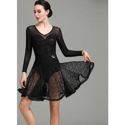 Black lace women latin dress modern dance costumes latin salsa dress fringe latin dance competition costumes tango dress rumba