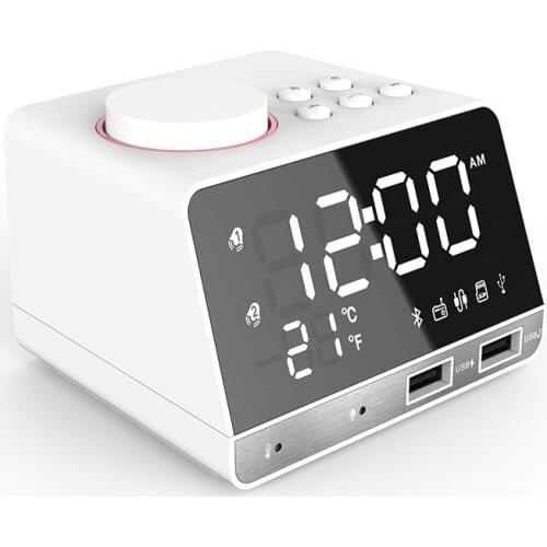 LED Digital Dual Alarm Mirror Clock Wireless Bluetooth Bass Speaker FM Radio+2 USB Charger Ports Music Player Snooze Temperature