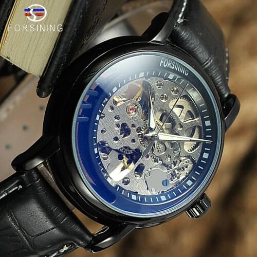 Forsining 2019 Luxury Blue Glass Black Genuine Leather Strap Half Skeleton Design Silver Case Men Watches Top Brand Luxury Watch